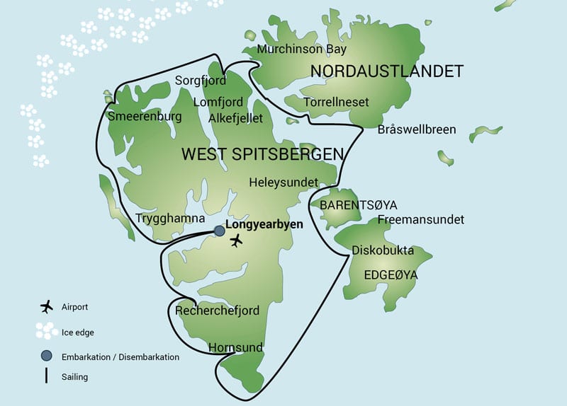 Route map of Around Spitsbergen, Arctic Summer voyage round-trip from Longyearbyen, circumnavigating Spitsbergen.