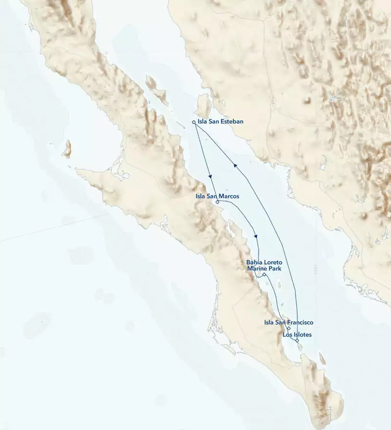 Route map of Baja California Holiday Voyage: A Living Sea & Desert Isles cruise, operating round-trip from Loreto with visits to Isla San Esteban, San Pero Martir, Isla San Marcos, Isla San Jose, Bahia Loreto Marine Park, Los Islotes & Isla San Francisco.