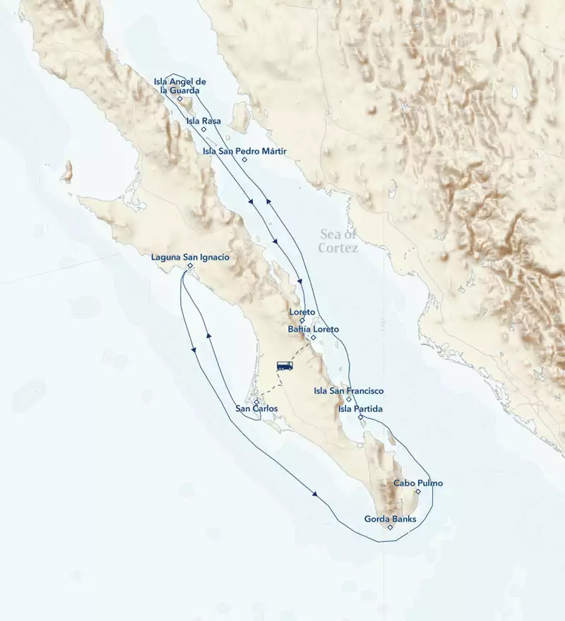 Route map of Eastbound Baja California: Remarkable Journey cruise, operating between San Carlos and Loreto, Mexico, with visits to Laguna San Ignacio, Bahia Magdalena, Los Cabos & more.