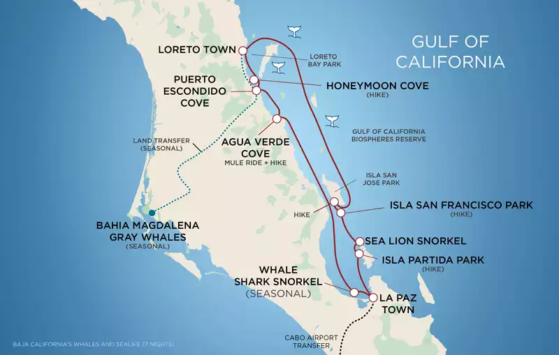 A map shows a red line of the Baja California whales and wildlife cruise with stops to La Paz, Loreto, Isla Coronados and more.