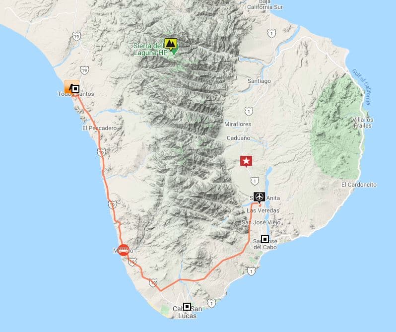 Route map of Baja Intimate Insider land tour, operating round-trip from San Jose del Cabo, with visits to Todos Santos and Sierra La Laguna Biosphere Reserve.