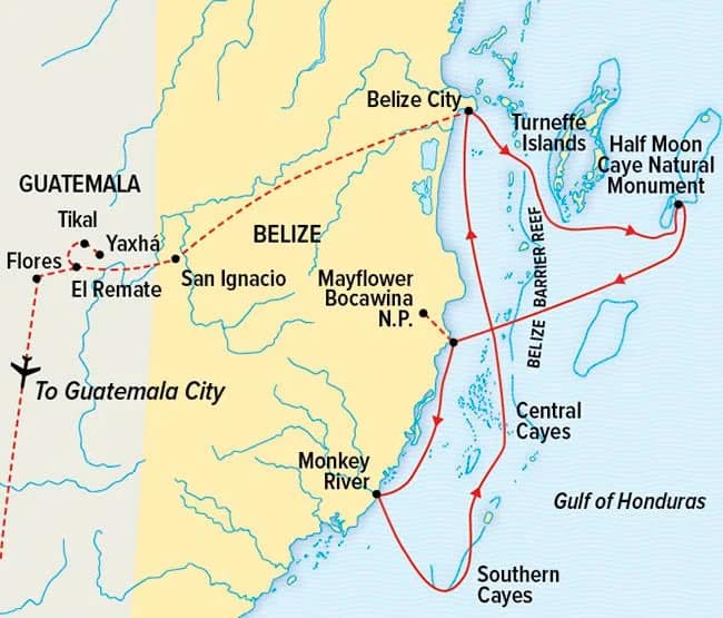 Route map of Belize to Tikal: Reefs, Rivers & Ruins of the Maya World small ship cruise, operating from Belize City to Guatemala City with visits to the Mayflower Bocawina National Park, Monkey River, Belize Barrier Reef cayes, Turneffe Islands, Half Moon Caye Natural Monument, San Ignacio, Yaxha, El Remate, Flores & Tikal.