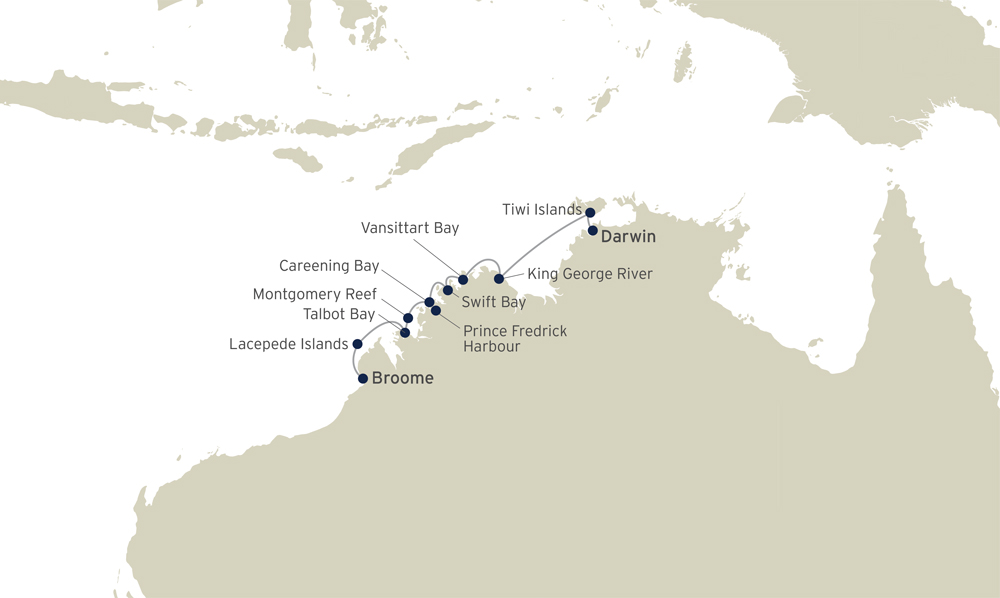Route map of The Best of the Kimberley & Tiwi Islands cruise, operating between Darwin and Broome, Australia, with visits to Lacepede Islands, Horizontal Falls, Raft Point, Montgomery Reef, Prince Regent River, Careening Bay, Prince Frederick Harbor, Bigge Island, Mitchell Falls, Winyalkan, Swift Bay, Vansittart Bay, King George River & Falls & Tiwi Islands.