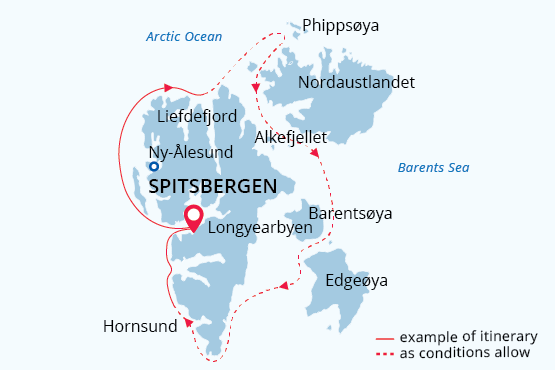 Route map of Best of Svalbard Arctic small ship cruise, operating round-trip from Longyearbyen with an attempt to circumnavigate Svalbard.
