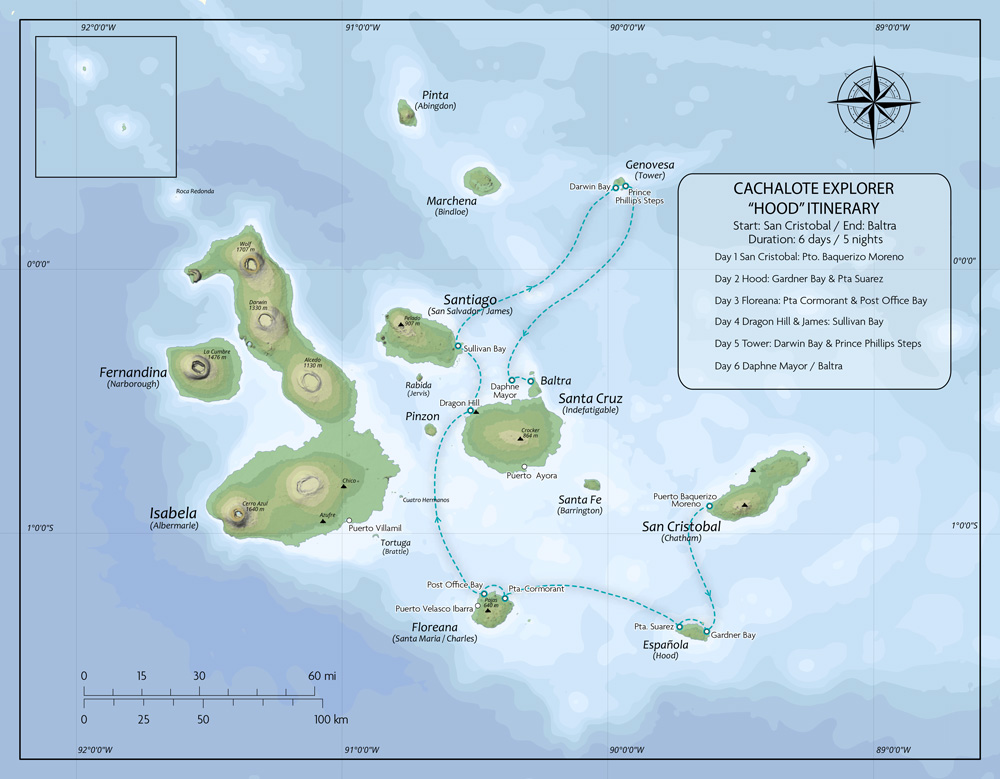 Route map of 6-day Hood itinerary on Cachalote Explorer with visits to Espanola, Floreana, Santa Cruz, Santiago & Genovesa.