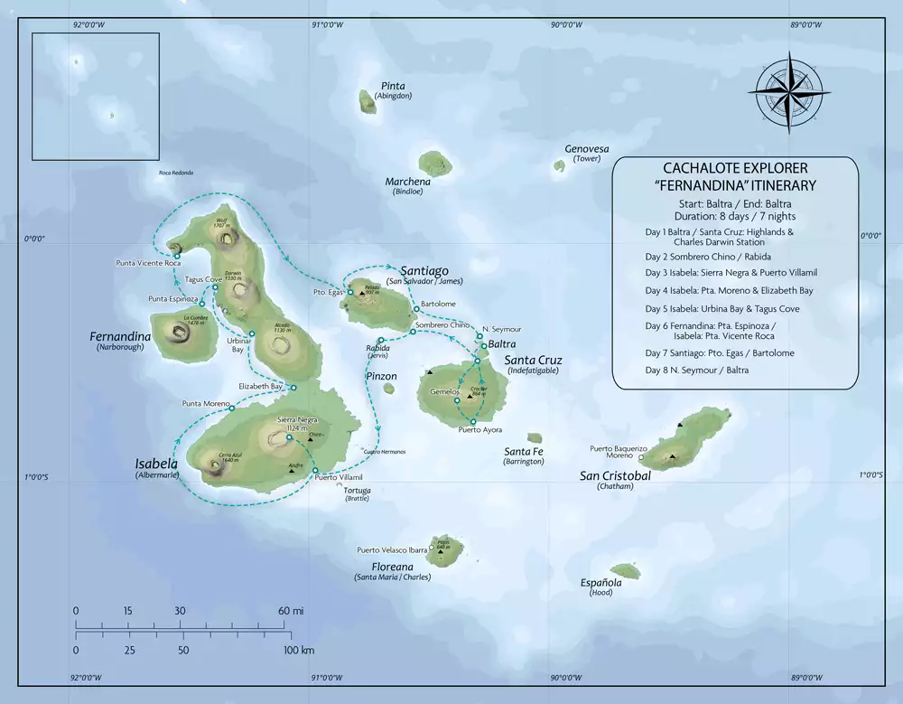 Map of Cachalote Explorer Galapagos Cruise West (Fernandina Itinerary), operating round-trip from Baltra with visits to Santa Cruz, Sombrero Chino, Rabida, Isabela, Fernandina, Santiago, Bartolome and North Seymour.