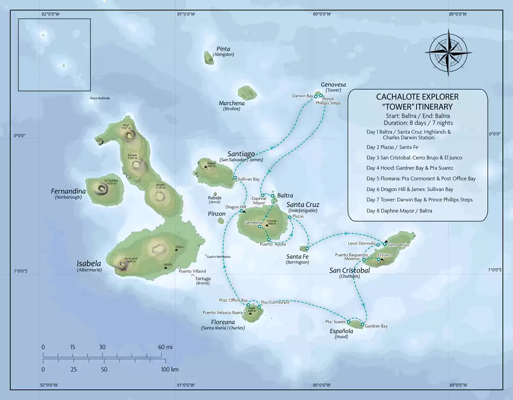 Map of Cachalote Explorer Galapagos Cruise East (Tower Itinerary), operating round-trip from Baltra with visits to Santa Cruz, South Plaza, Santa Fe, San Cristobal, Espanola, Floreana, Santiago and Genovesa.