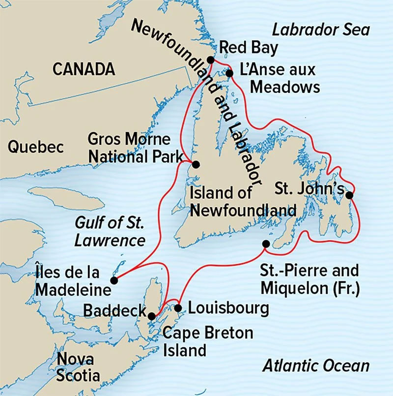 Canadian Maritimes & Newfoundland route map beginning and ending in St John's.