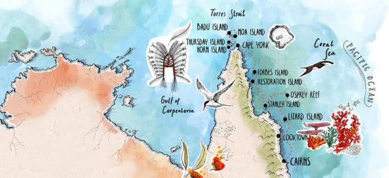 Route map of Torres Strait & Cape York cruise in Australia, operating between Cairns and Horn Island with visits to Cooktown, Lizard Island, Stanley Island, Osprey Reef & the islands of Restoration, Forbes, Moa, Badu & Thursday.