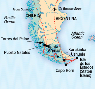 A map of the tip of South America shows the cruise route in a red line of the Chilean Fjords and Staten Island cruise.