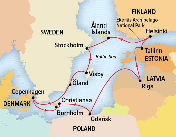 Navigating the Baltic Sea Cruise route map, operating round-trip from Copenhagen Denmark, with visits to Sweden, Finland, Estonia, Latvia & Poland.