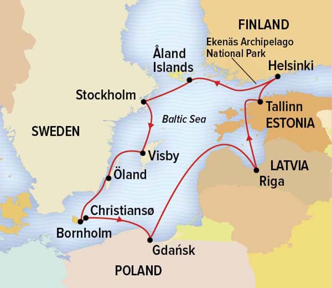 Navigating the Baltic Sea Cruise route map, operating round-trip from Helsinki, Finland, with visits to Denmark, Sweden, Estonia, Latvia & Poland.