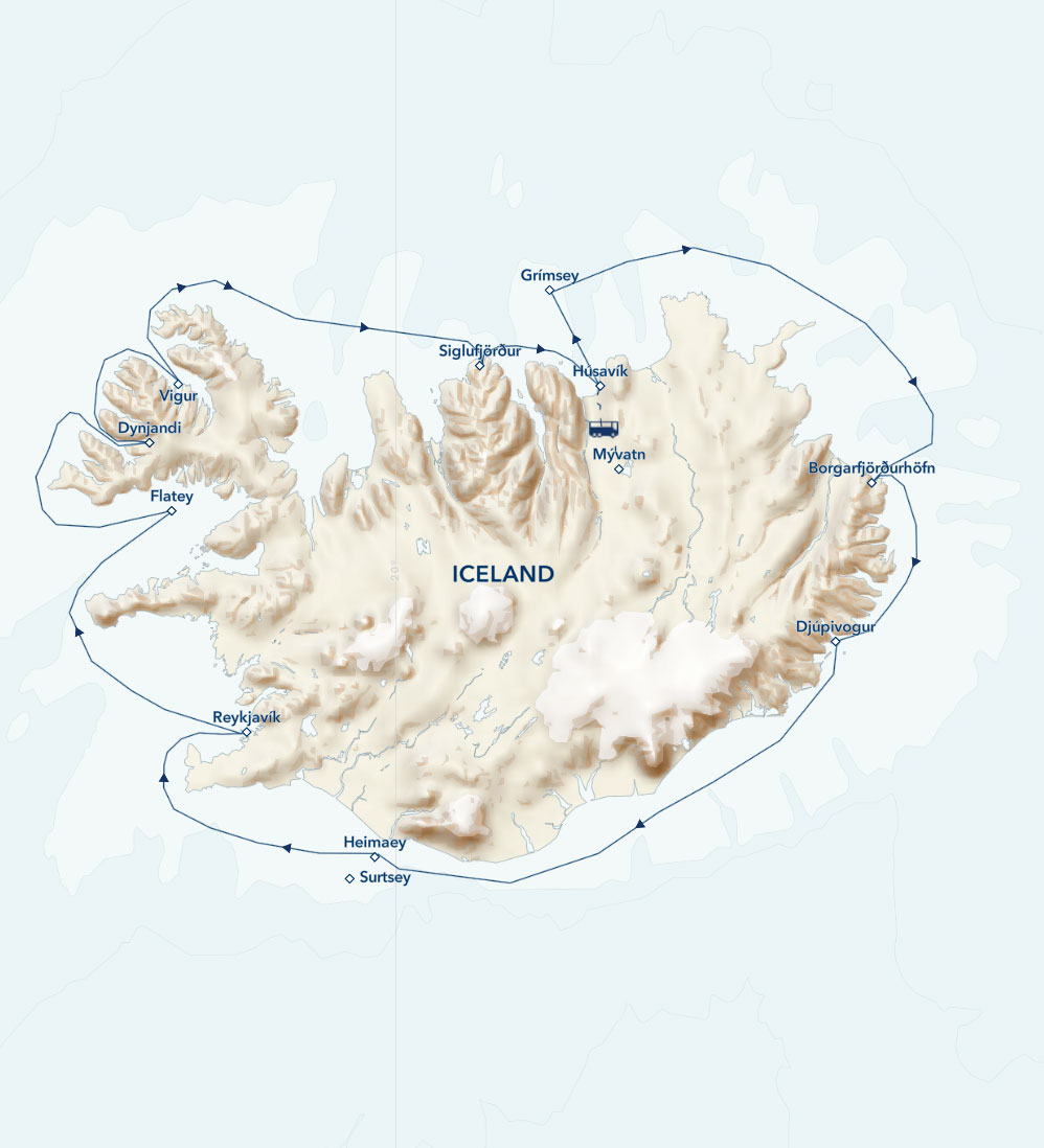 A circumnavigation of Iceland cruise route map, operating round-trip from Reykjavik with visits to Flatey Island, Latrabjarg, Isafjordur, Siglufjordur, Akureyri, Lake Myvtan, Husavik, Djupivogur, & the islands of Heimaey, Surtsey & Westman.