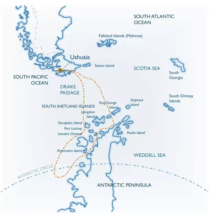 Route map of Polar Circle Quest Antarctica small ship expedition cruise, operating round-trip from Ushuaia, Argentina, with visits to the South Shetland Islands and the Antarctic Peninsula.