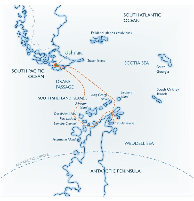Route map of Weddell Sea Quest Antarctica small ship expedition cruise, operating round-trip from Ushuaia, Argentina.
