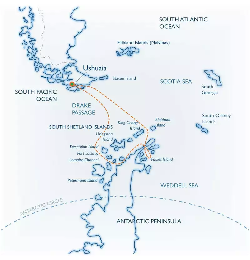 Route map of Weddell Sea Quest Antarctica small ship expedition cruise, operating round-trip from Ushuaia, Argentina.