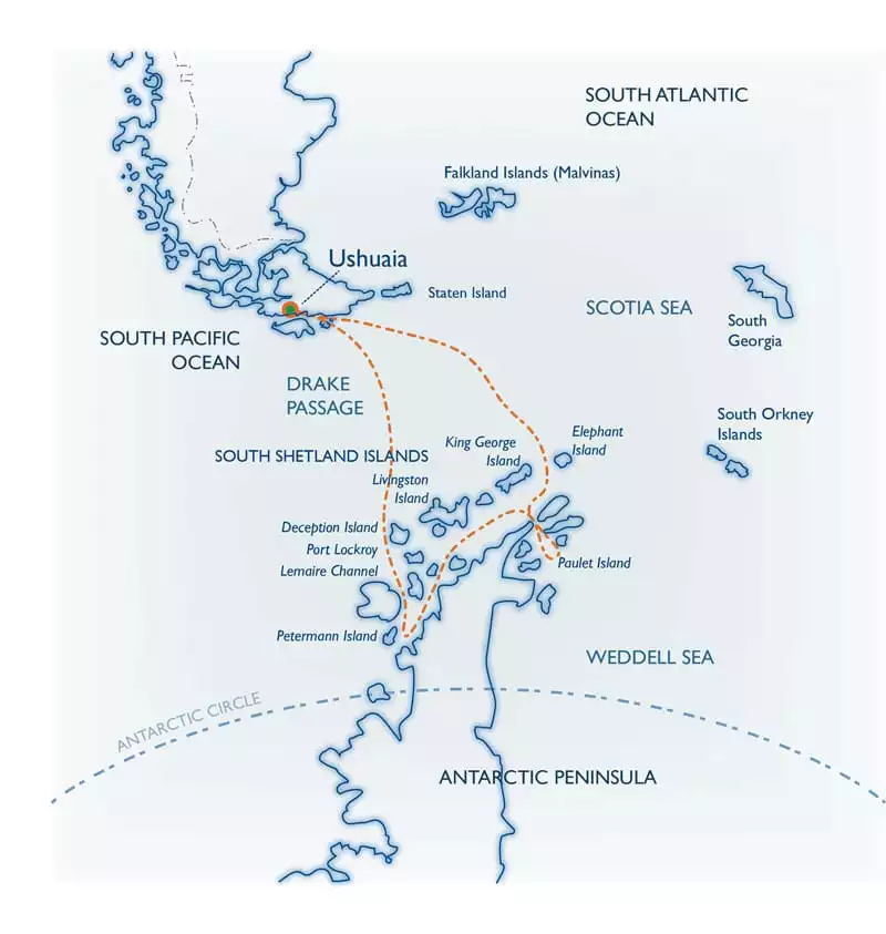 Route map for Classic Antarctica small ship cruise roundtrip from Ushuaia, Argentina with stops along the Antarctic Peninsula and South Shetland Islands.