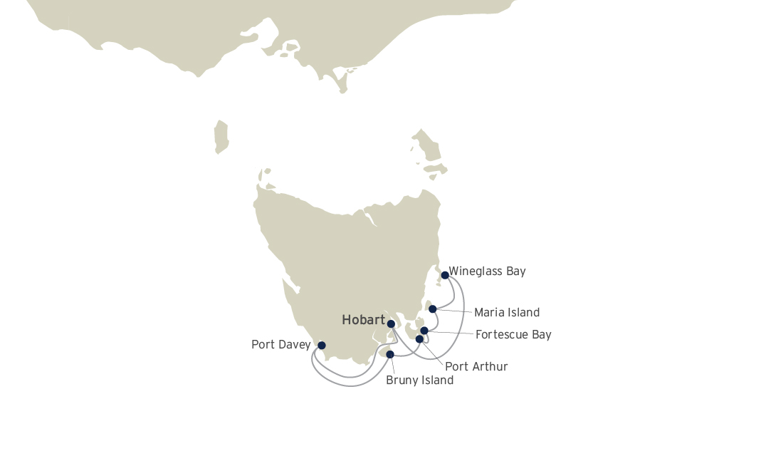 Route map of Coastal Treks of Tasmania cruise, operating round-trip from Hobart with visits along the island's southern edge.