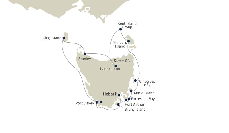 Route map of Circumnavigation of Tasmania itinerary, operating round-trip from Hobart, Australia with additional visits to King Island, the Kent Island Group & Flinders Island.