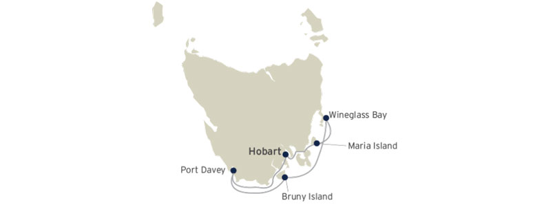 Route map of Science Walks of Tasmania small ship cruise round-trip from Hobart with visits along the southern coastline.