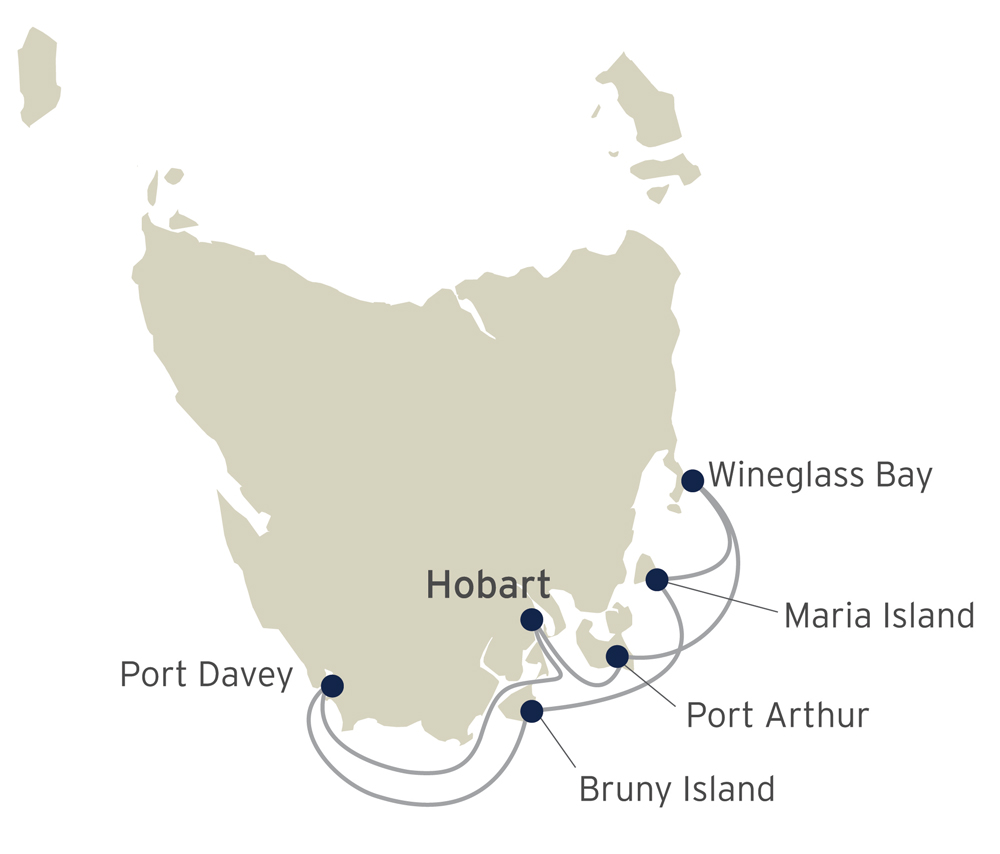 Route map of Coastal Wilds of Tasmania cruise, operating round-trip from Hobart with visits along the island's southern edge.