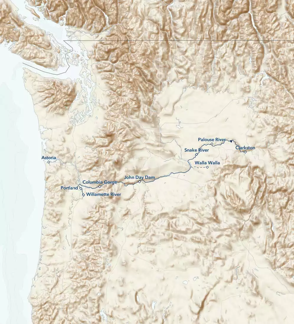 Columbia and Snake Rivers Journey route map from Portland to Clarkston.