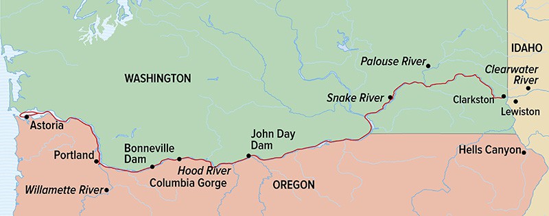 Columbia and Snake Rivers Journey route map from Portland to Clarkston.