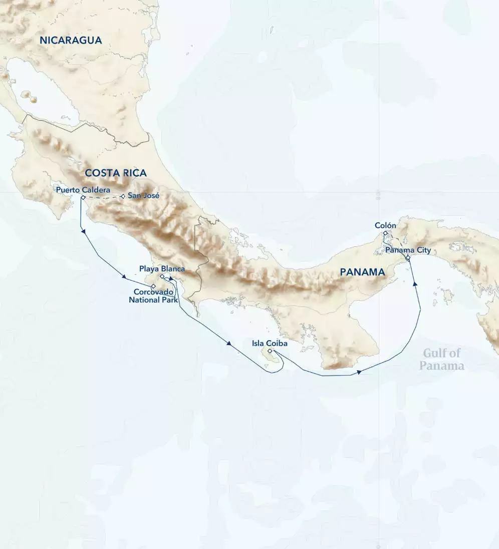 Route map of National Geographic Costa Rica and Panama Canal cruise, operating between San Jose, Costa Rica & Colon, Panama City, Panama.