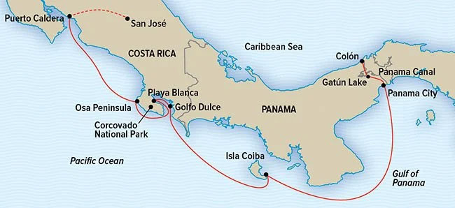 Route map of National Geographic Costa Rica and Panama Canal cruise, operating between San Jose, Costa Rica & Colon, Panama City, Panama.
