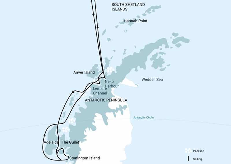 Route map of Polar Circle Cruise Deep South Discovery, operating round-trip from Ushuaia, Argentina, with visits to the Antarctic Peninsula as far south as near to the Antarctic Circle.