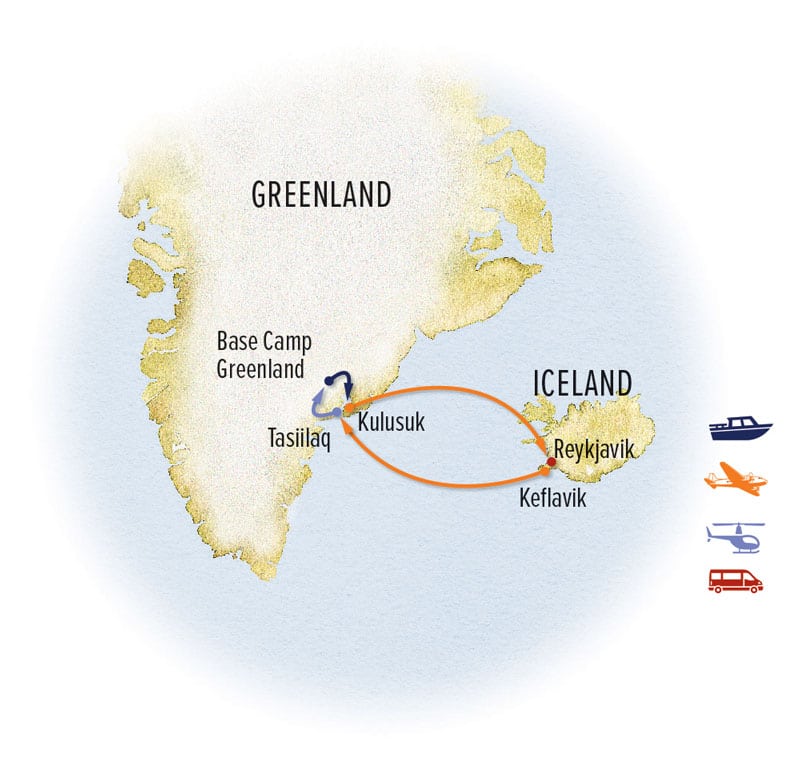 Discover Greenland route map to and from Reykjavik, Iceland.