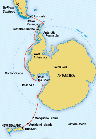 Route map of National Geographic Epic Antarctica small ship expedition, operating between Santiago, Chile, & Auckland, New Zealand, with stops along the Antarctic Peninsula, West Antarctica, the Ross Sea, Macquarie Island, Australia and New Zealand's Sub-Antarctic Islands.