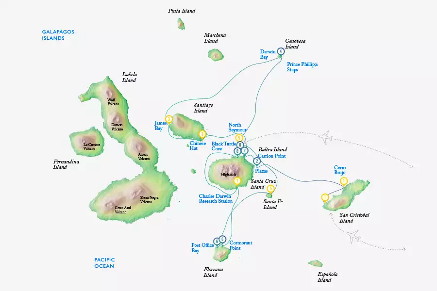 Galapagos cruise route map showing visits to San Cristobal, Isla Lobos, South Plaza, Santa Cruz, Mosquera, Santiago, Genovesa, North Seymour, Santa Fe and Floreana islands.