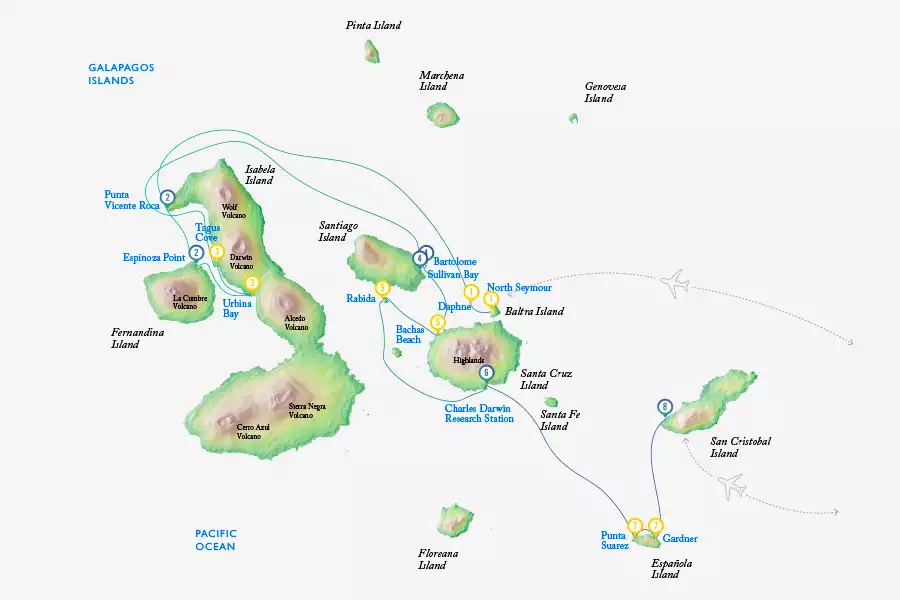 Galapagos cruise route map showing visits to Baltra, Isabela, Fernandina, Bartolome, Santiago, Santa Cruz, Rabida, Espanola and San Cristobal islands.