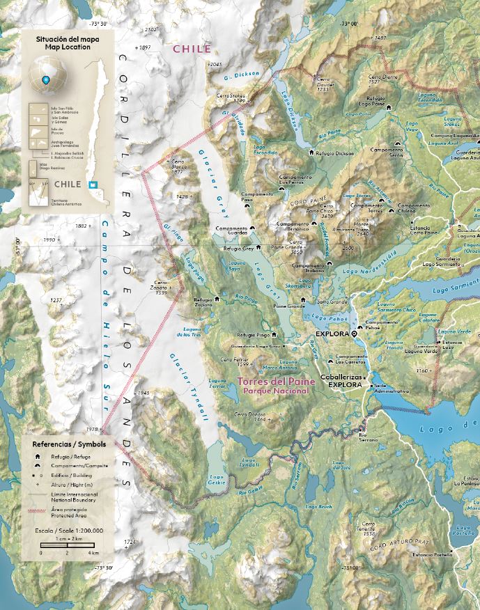 Route map of Explora Torres del Paine, showing lodge location in the Chilean park & surrounding areas of exploration.