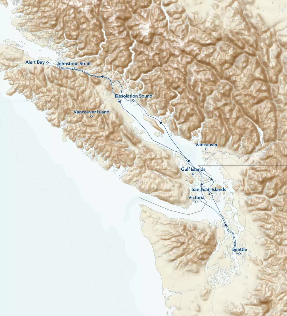 Route map of Exploring British Columbia & the San Juan Islands cruise, round-trip from Seattle with visits to Victoria, Desolation Sound, Johnstone Strait, Alert Bay, the Gulf Islands & Friday Harbor.