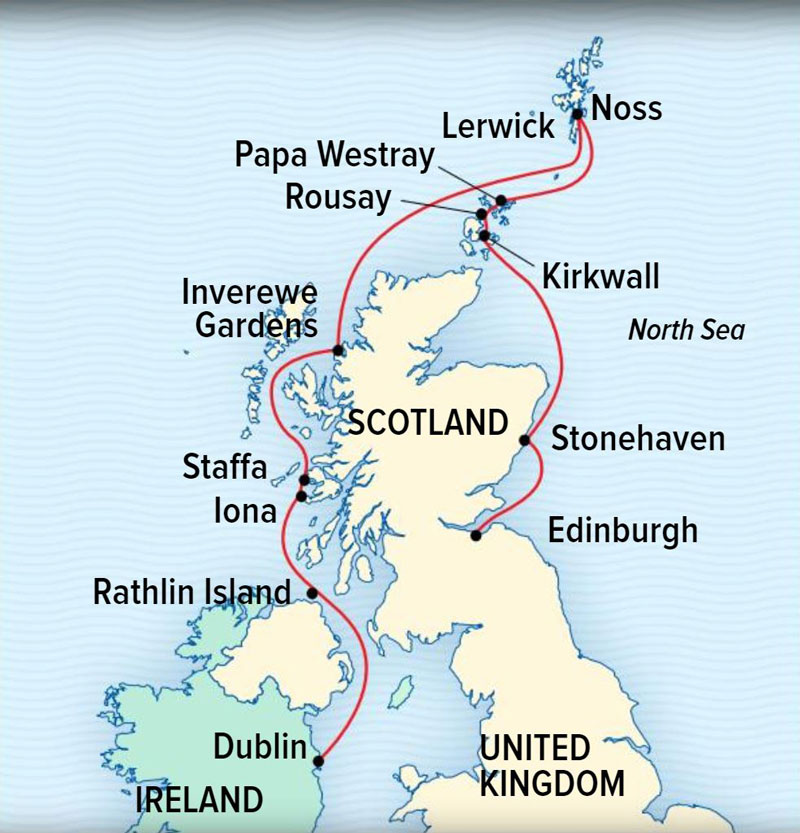 Route map of Scotland's Wild Isles cruise from Dublin, Ireland, to Edinburgh, Scotland, with visits along the coasts of both countries.