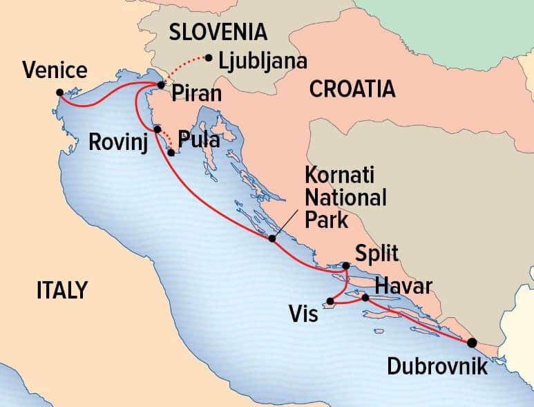 Route map of Extraordinary Adriatic: Croatia & Slovenia Under Sail cruise from Venice, Italy to Piran and Ljubljana, Slovenia before sailing south along Croatia to end in Dubrovnik.