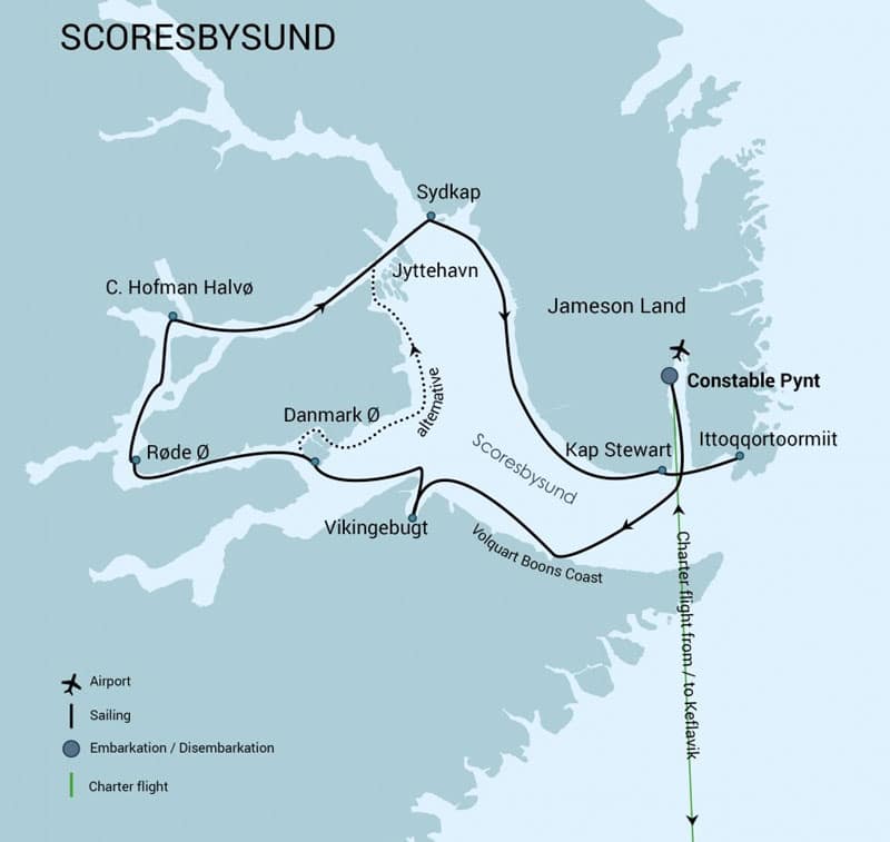 Route map of Scoresby Sund Aurora Borealis Fly & Sail east Greenland voyage itineraries, operating round-trip from Keflavik, Iceland, with visits to Constable Pynt, Ittoqqortoomiit, Sydkap & more.