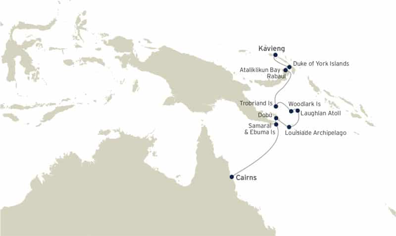 Route map of Forgotten Islands of Papua New Guinea small ship cruise, operating from Kavieng, PNG to Cairns, Australia, with visits along eastern New Guinea.