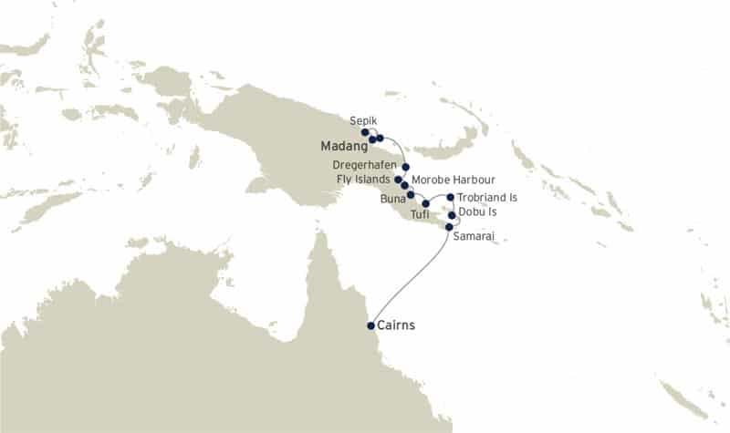 Route map of Frontier Lands of New Guinea cruise, operating between Cairns, Australia & Madang, Papua New Guinea, with visits along the eastern shoreline.