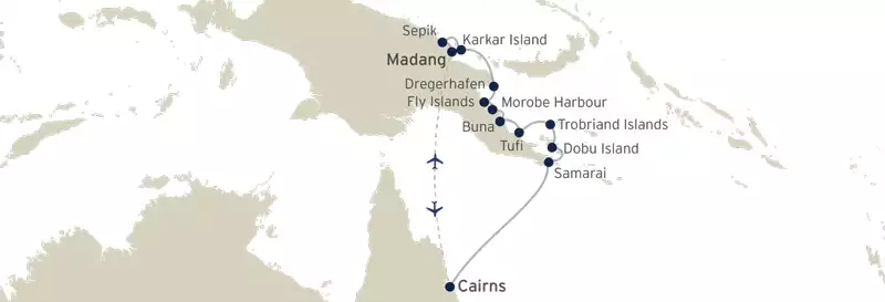 Route map of Frontier Lands of New Guinea cruise, operating between Cairns, Australia & Madang, Papua New Guinea, with visits along the eastern shoreline.
