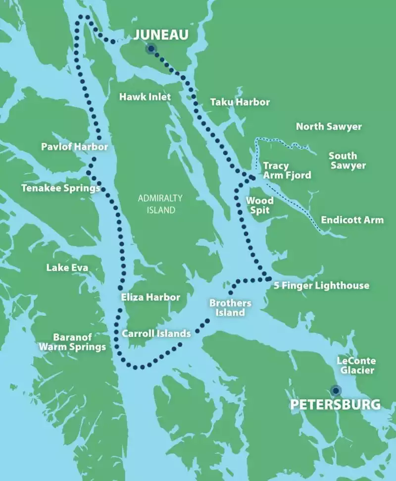 Route map of Sikumi & Golden Eagle Custom Alaska cruise, operating round-trip from Juneau with a circumnavigation of Admiralty Island.
