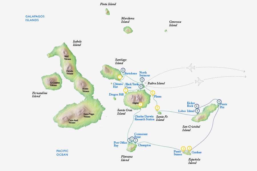 Route map of Beyond Darwin's Footsteps Galapagos small ship cruise aboard M/V Grace, with visits to Baltra, Santa Cruz, Floreana, Espanola, San Cristobal, Santa Fe, South Plaza, North Seymour & Bartolome islands.