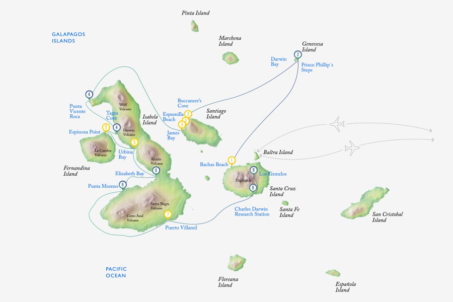 Route map of Following Darwin's Trail Galapagos small ship cruise aboard M/V Grace, with visits to Baltra, Genovesa, Santiago, Isabela and Santa Cruz islands.