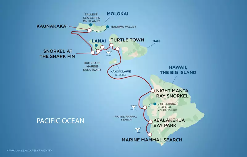 A red line on a map of Hawaii shows the path of the Hawaiian Seascapes cruise between Molokai and Maui.