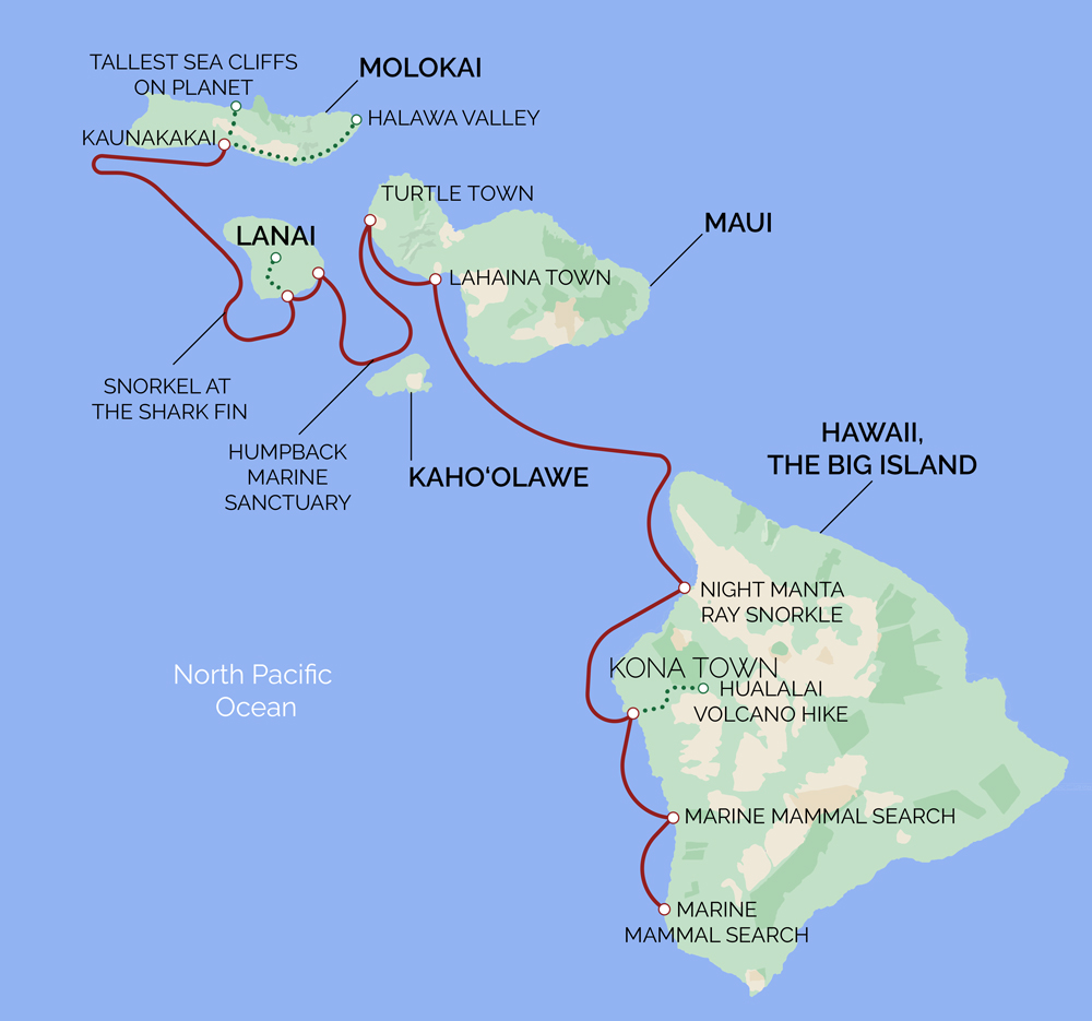 A red line on a map of Hawaii shows the path of the Hawaiian Seascapes cruise between Molokai and Maui.