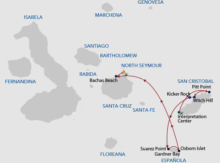 Galapagos cruise route map showing visits to San Cristobal, Española, Santa Cruz and Baltra islands.