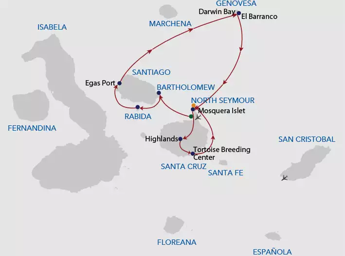 Galapagos cruise route map showing visits to Baltra, Bartolome, Rabida, Santiago, Genovesa, Mosquera, Santa Cruz and North Seymour islands.