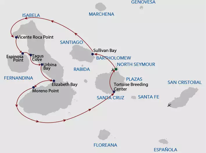 Route map of 5-day Western Horizon Galapagos Cruise, round-trip from Baltra with visits to Santiago, Isabela, Fernandina & Santa Cruz islands.